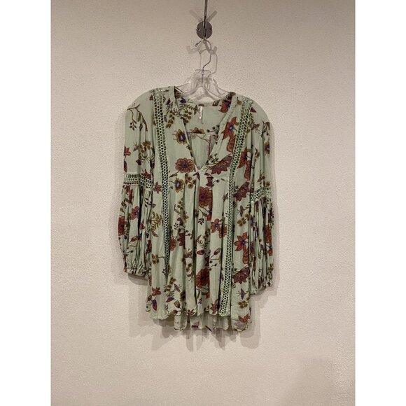 Free People Shirt Womens Medium Green Floral Boho Peasant Tunic Lace Crochet - Picture 1 of 4
